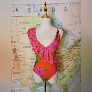 NWT Farm Rio Tropical Print With Ruffle One Piece Swimsute Size S
